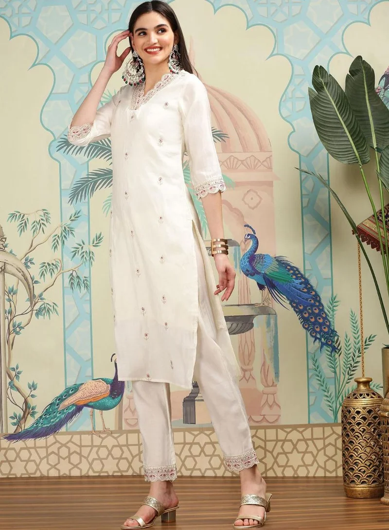 ISHIN  Women's Off White Viscose Blend Embellished Tunic Full Length Casual Straight Fit Kurta Set for Women | Best Price UAE